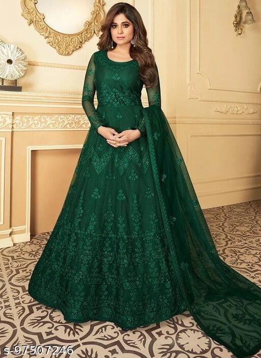 Saahmriga Green Color Solid Faux Georgette Semi Stitched Gown with Jacket -  Saahmriga - 3703840